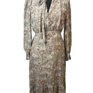 Main Strip Cream and Brown Floral Long Sleeve Dress Size S